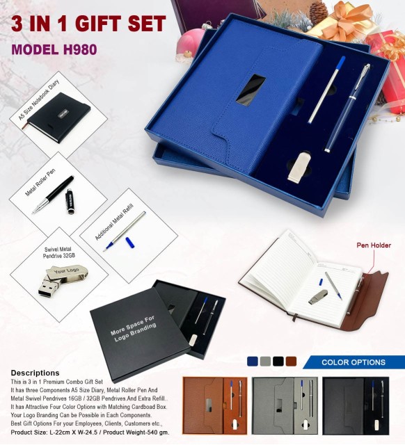 3 in 1 gift set model h980 diary, pen, pendrive and cardholder